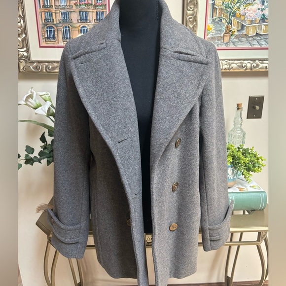 LANDS END WOOL GRAY CLASSIC TAILORED DOUBLE BREASTED NAUTICAL PEA COAT SZ 12 - Picture 3 of 13